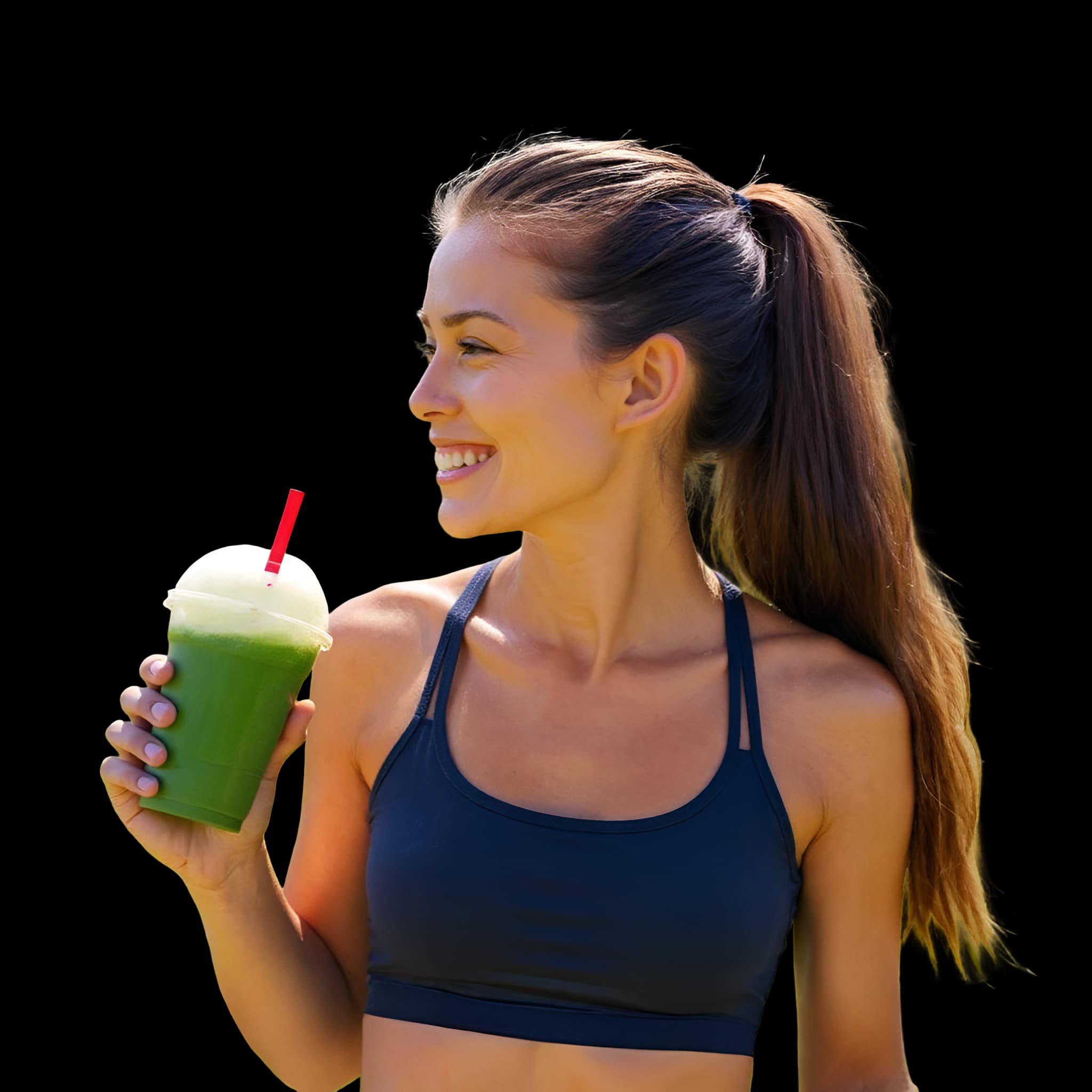 Mulher feliz bebendo suco verde